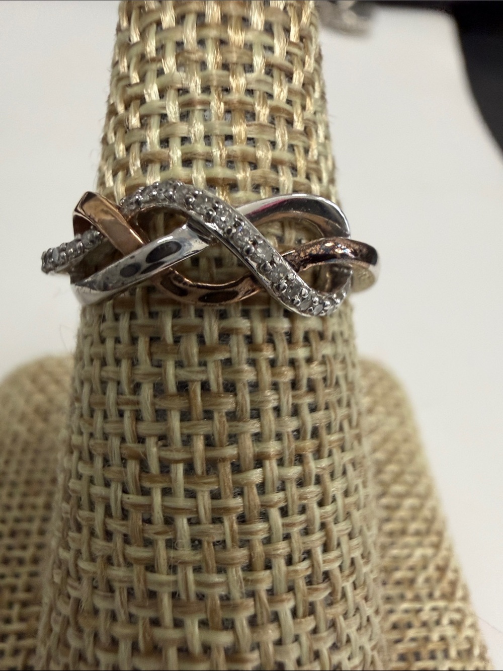 14k Gold and Sterling Silver twisted  Infinity Ring withDiamond  Accents - size